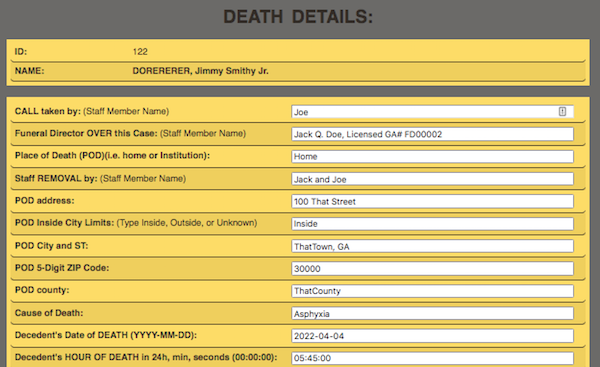 Edit Death Information Screenshot
